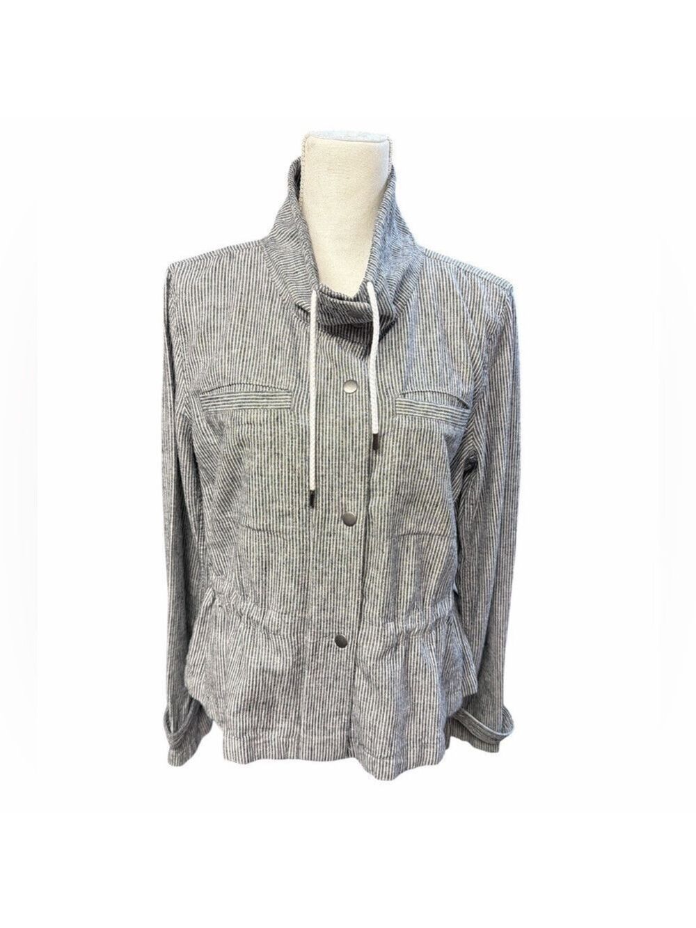 LOFT Utility Anorak Jacket Womens Size S Navy White Pinstripe Snap Front